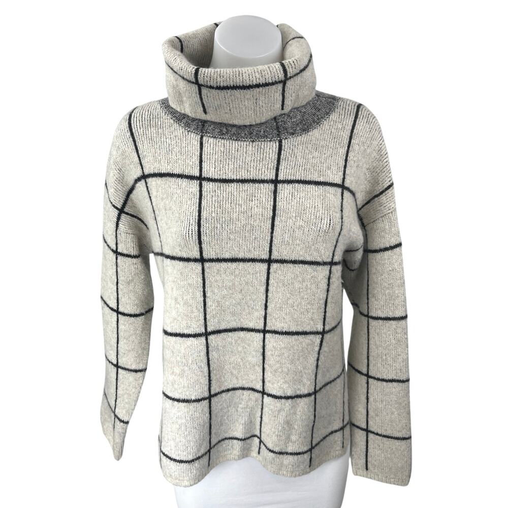 Madewell Women's Gray Rib Knit Long Sleeve Plaid Check Turtleneck Sweater Top S